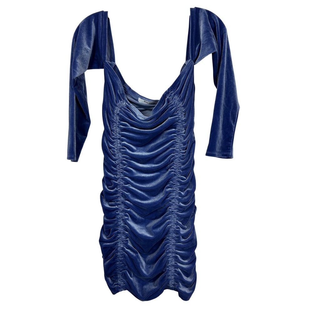 Juicy Couture Marine Blue Velvet Ruched Bodycon Mini Dress Large